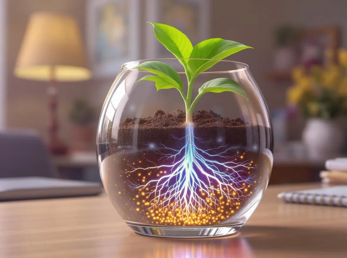 Racines optiques dans pot de fleur lumineux