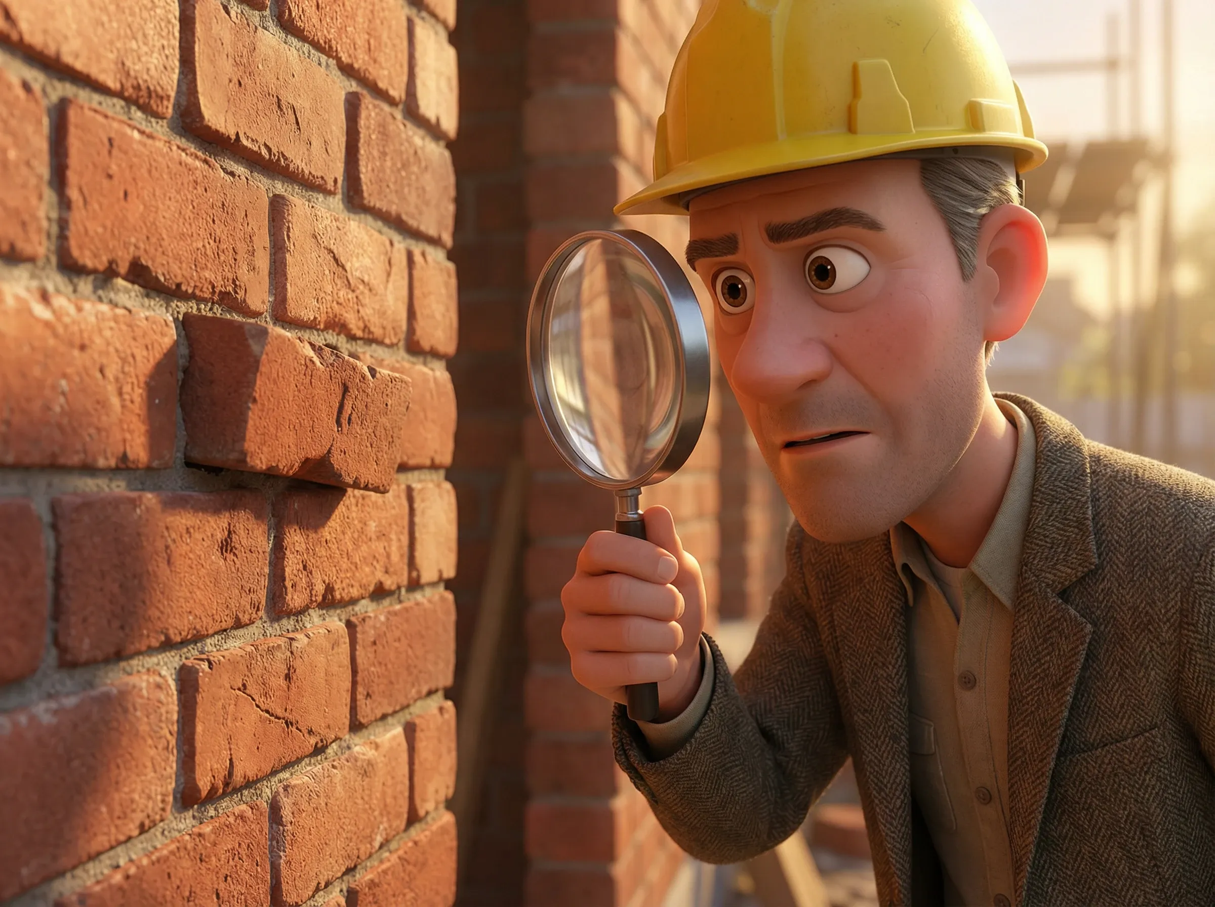 Ingénieur inspecte mur en briques à la loupe