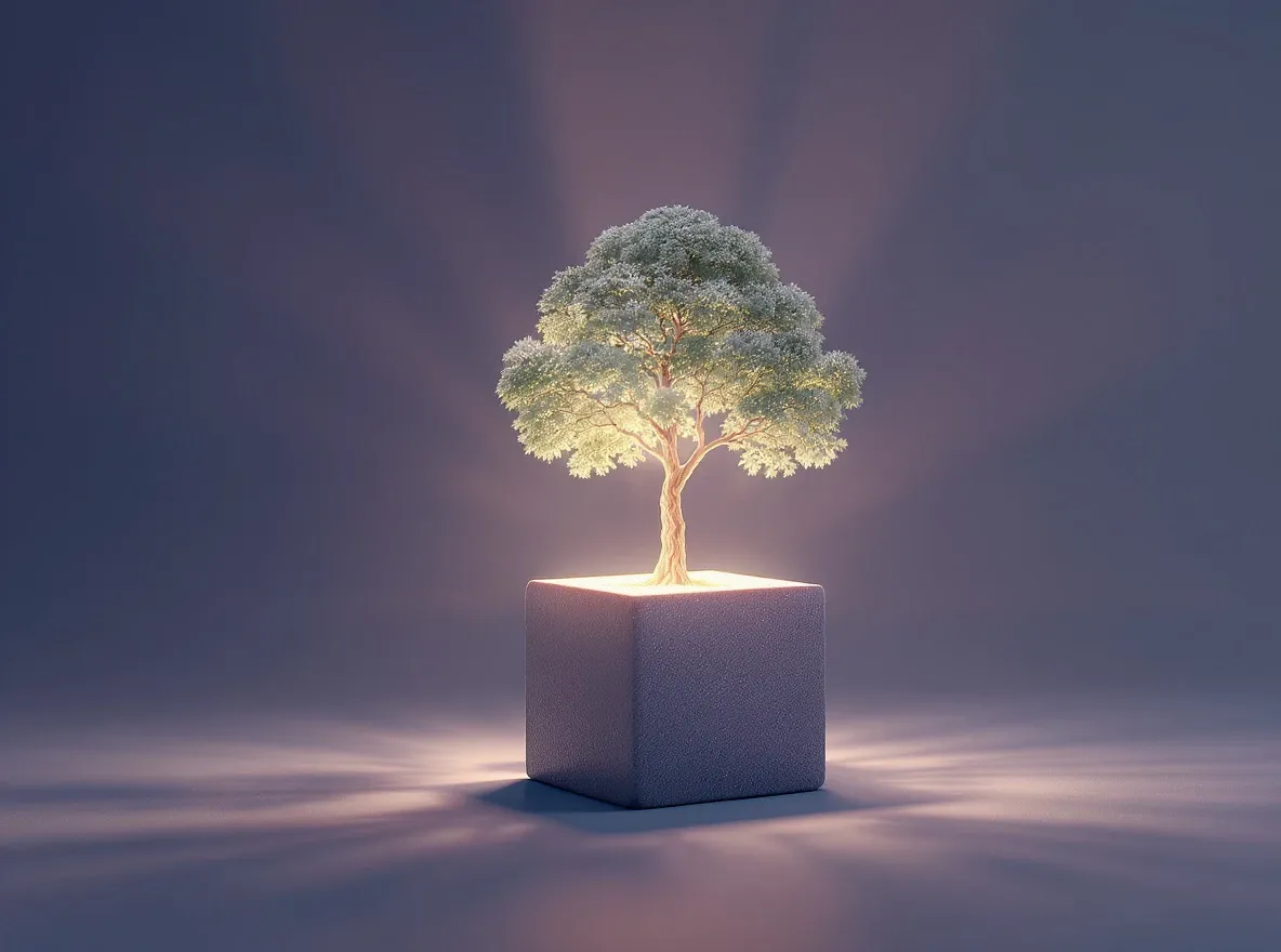 Jeune pousse lumineuse sur bloc géométrique