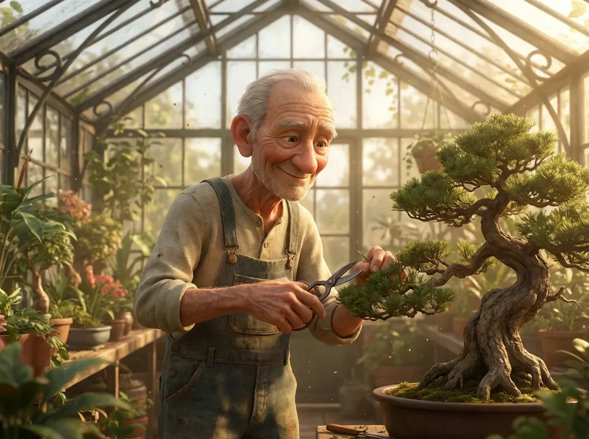 Jardinier taille un bonsaï dans une serre lumineuse