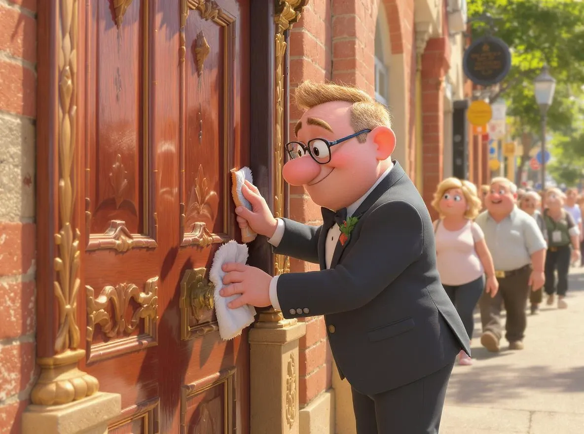 Propriétaire polit porte fermée, clients partent.