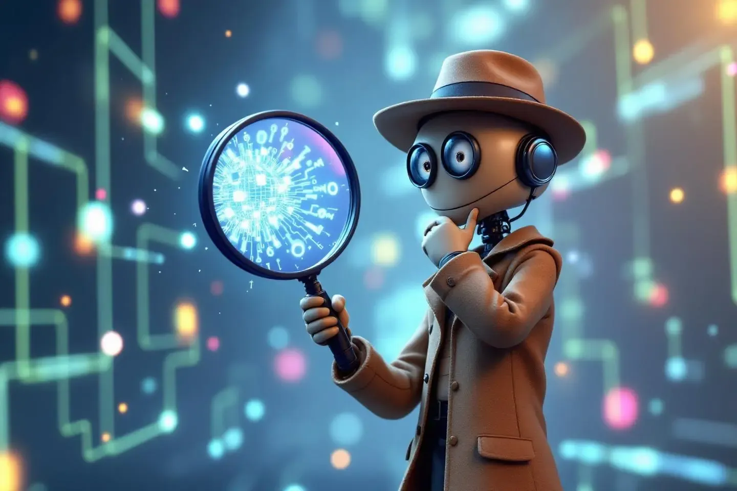 Robot détective examine faille technique.