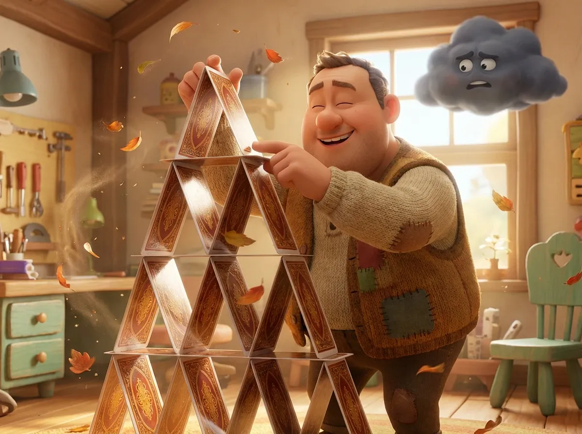 Château de cartes menacé par le vent : l'illusion joyeuse