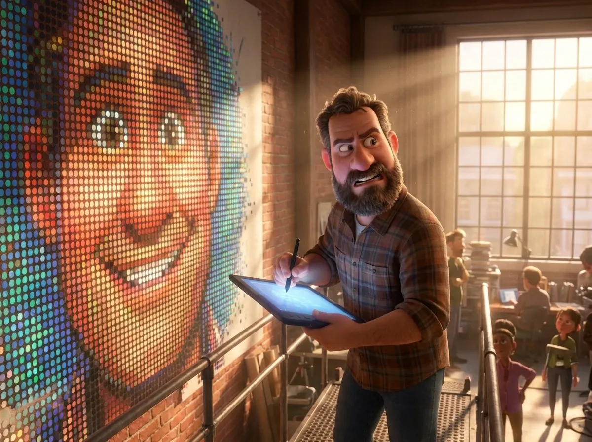 Homme et fresque numérique pointilliste