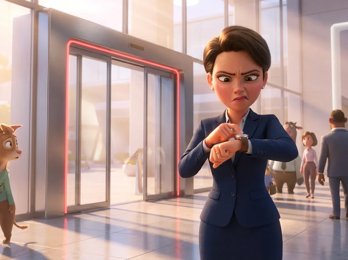 Porte automatique bloquée, impatiente femme d'affaires
