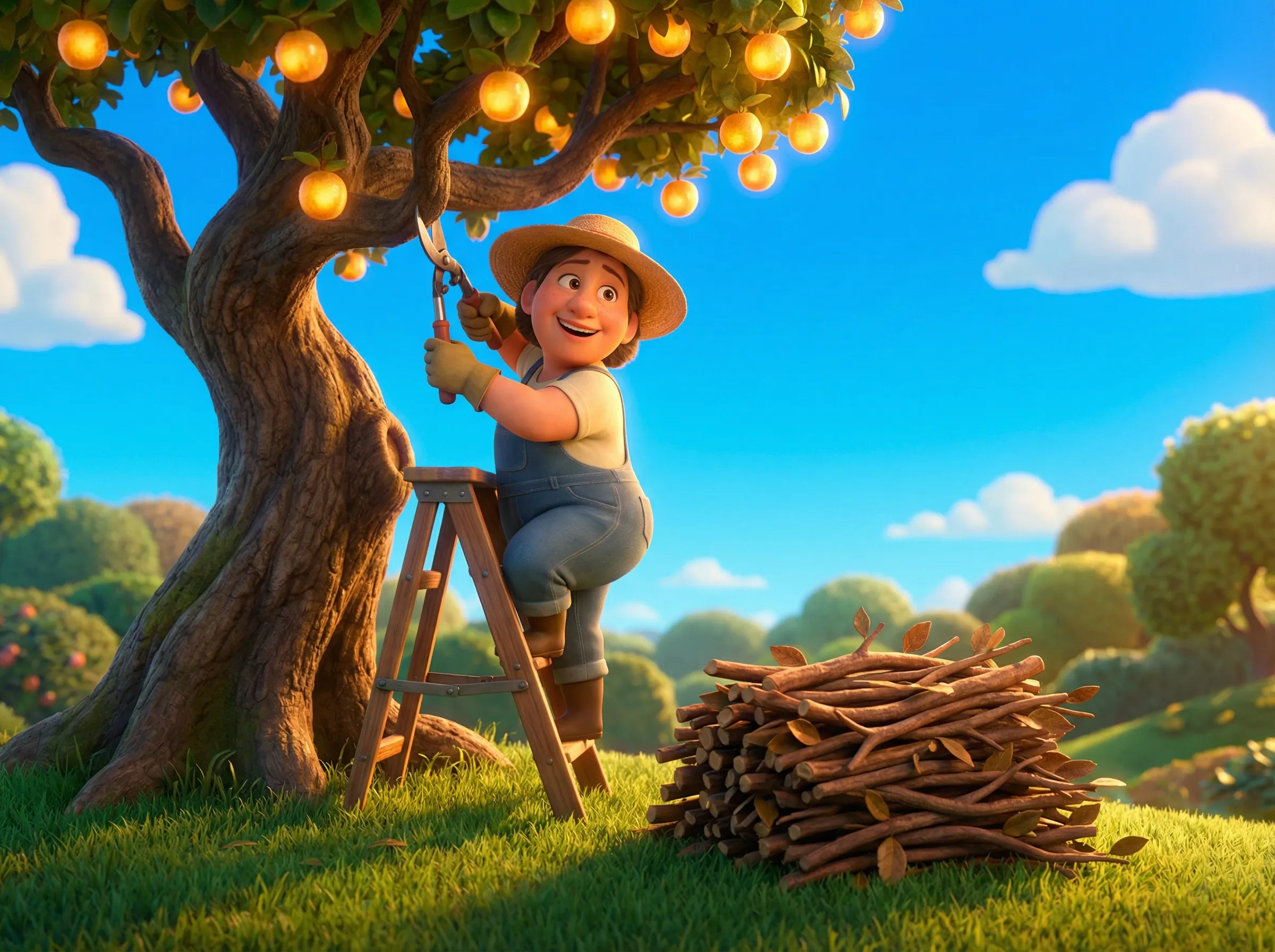 Jardinière taille un arbre fruitier garni de fruits