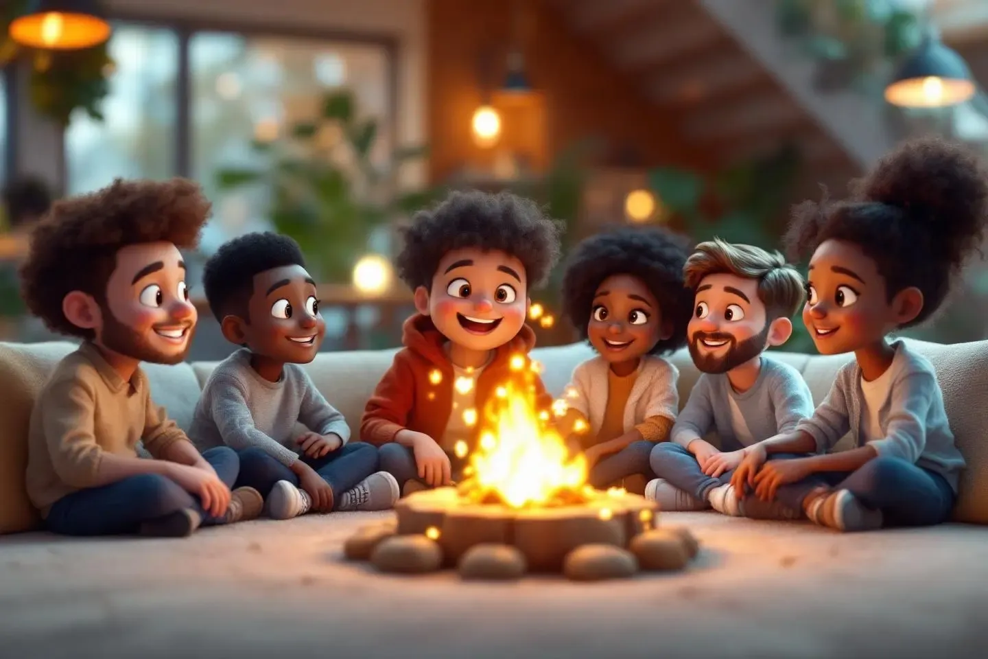 Partage numérique autour d'un feu holographique