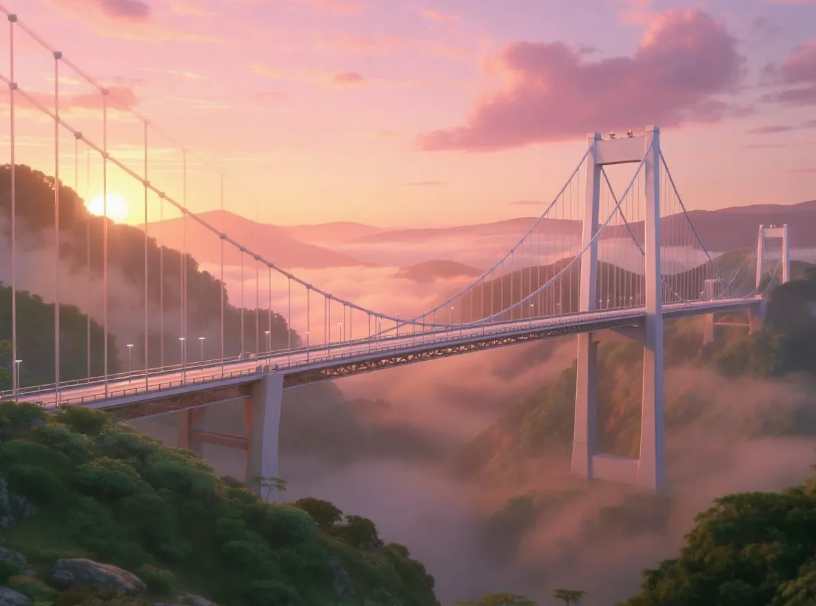 Pont moderne à l'aube, entre deux collines verdoyantes