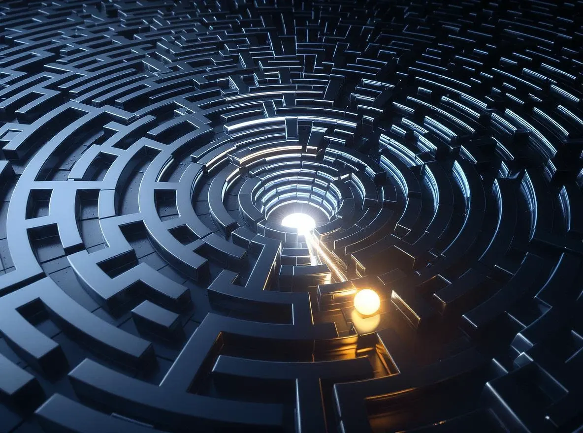 Labyrinthe chromé 3D, bille vers lumière centrale