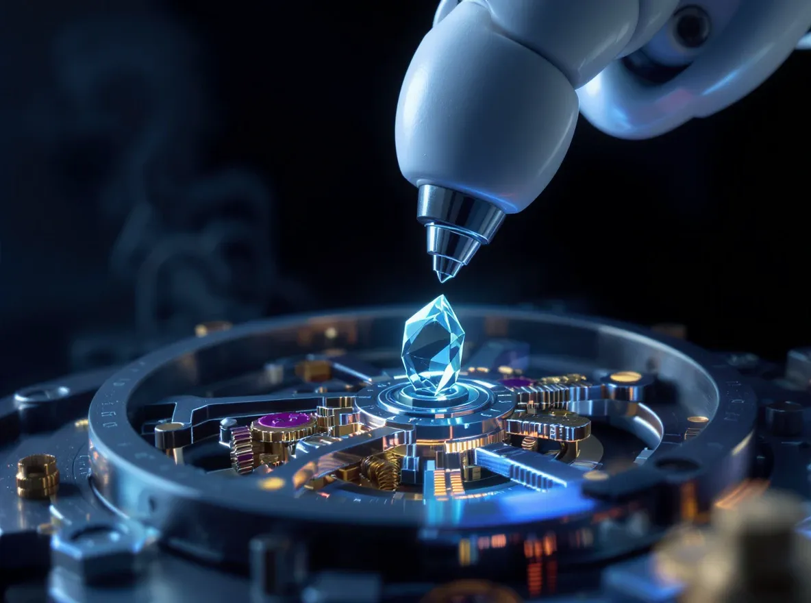 Bras robotique insérant bille dans horlogerie complexe.
