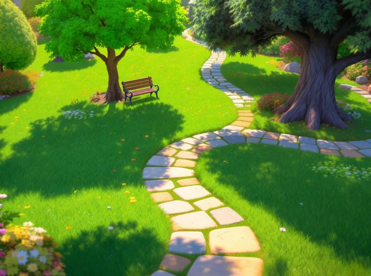 Sentier de galets vers banc sous arbre