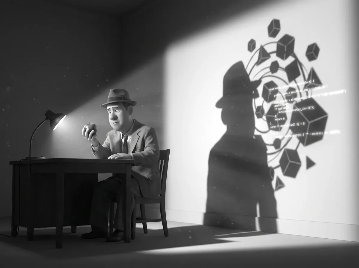 Homme vintage face à une pomme, ombre code en fond