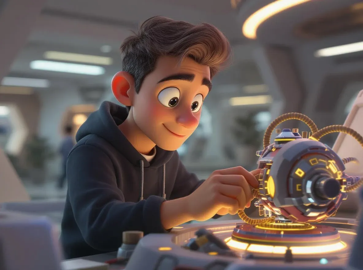 Un développeur, serein et concentré, ajuste avec une précision millimétrique une magnifique pièce de machinerie lumineuse au sein d'une structure architecturale complexe et futuriste.