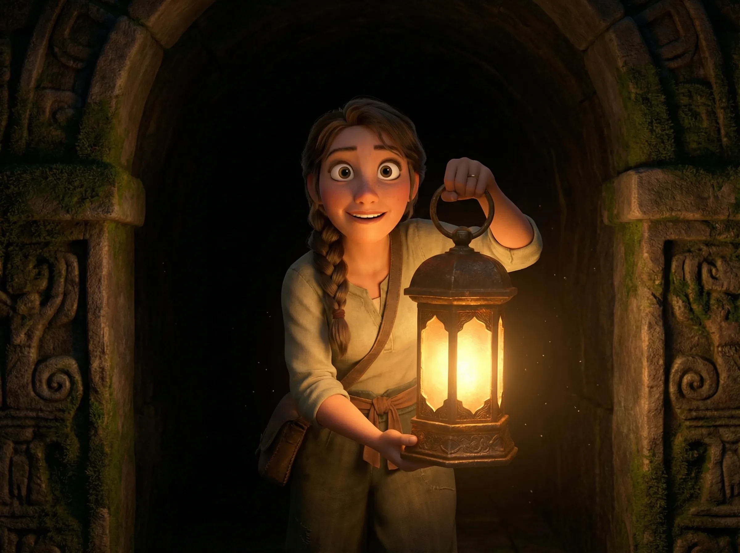 Femme éclairant un tunnel sombre avec une lanterne