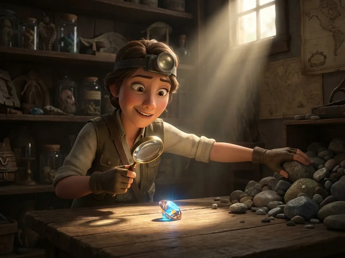 L'exploratrice trie les gemmes, éclat unique dans l'ombre