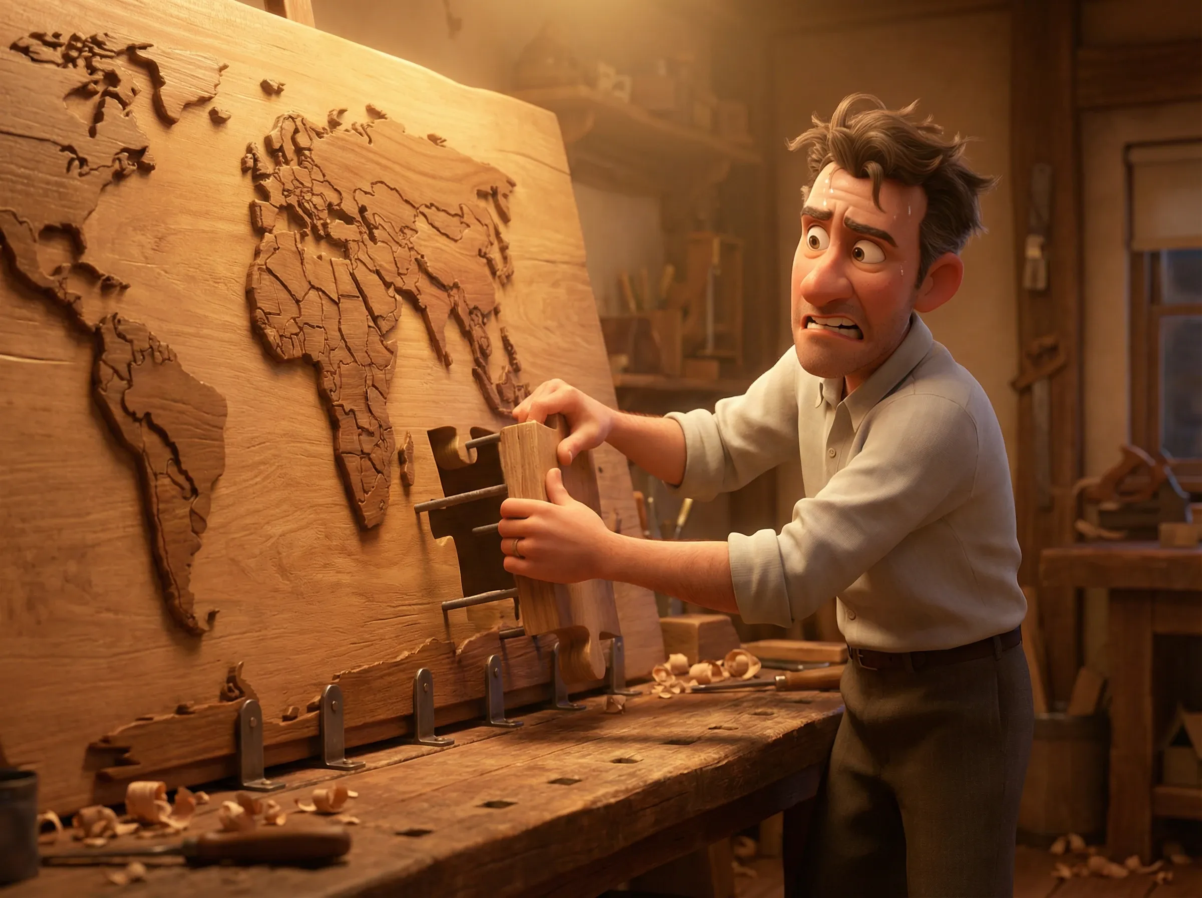 Homme assemblant un puzzle mondial bloqué