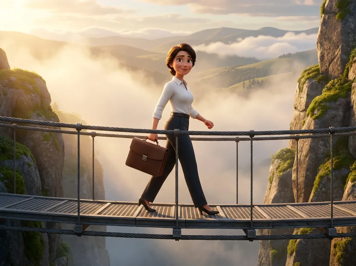 Femme franchissant un pont, confiance et détermination