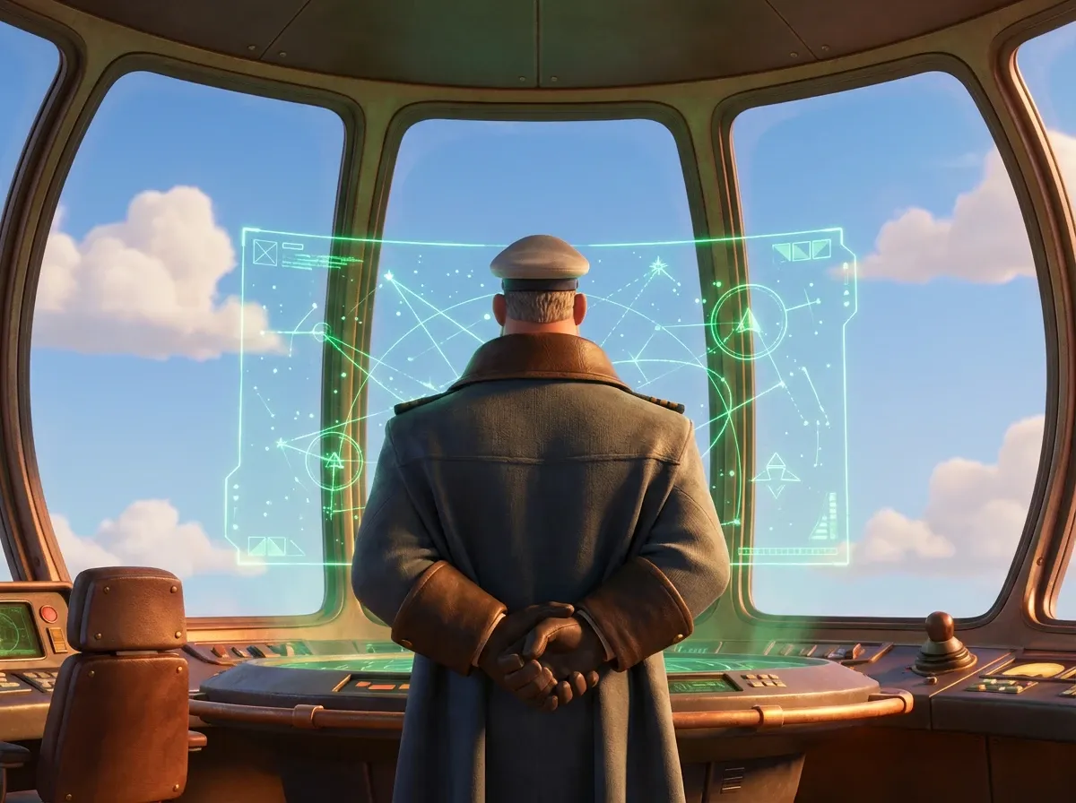 Capitaine futuriste, vue de dos, contrôle holographique