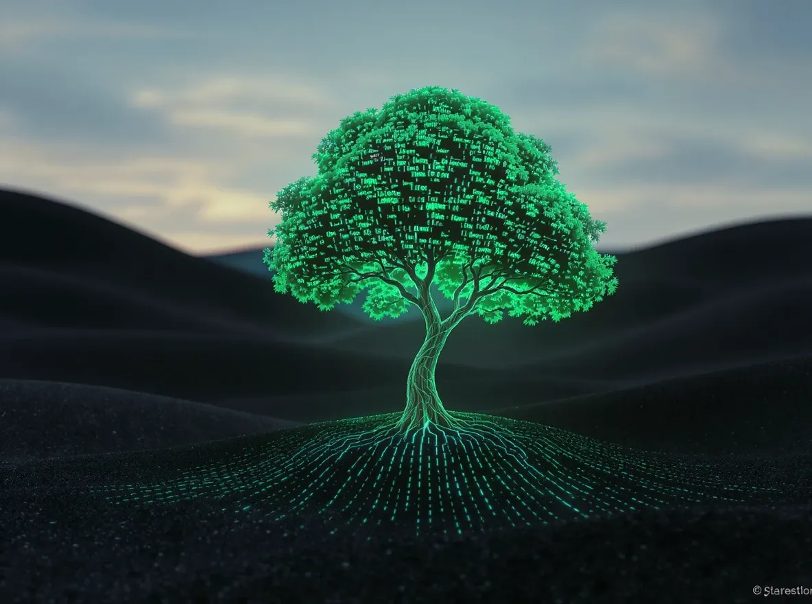 Arbre de code vert lumineux, croissance digitale