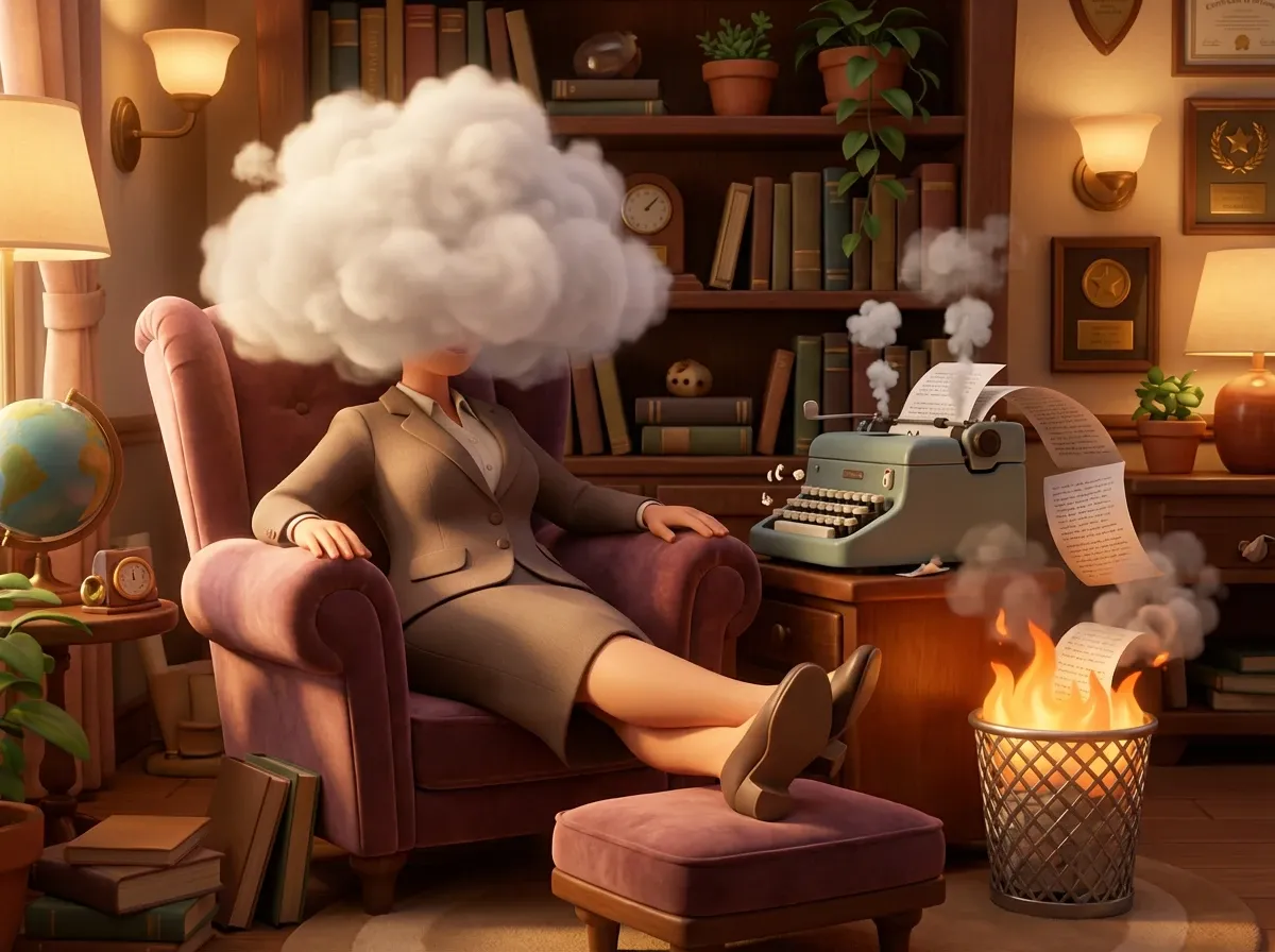 Femme d'affaires, tête dans les nuages, machine en feu