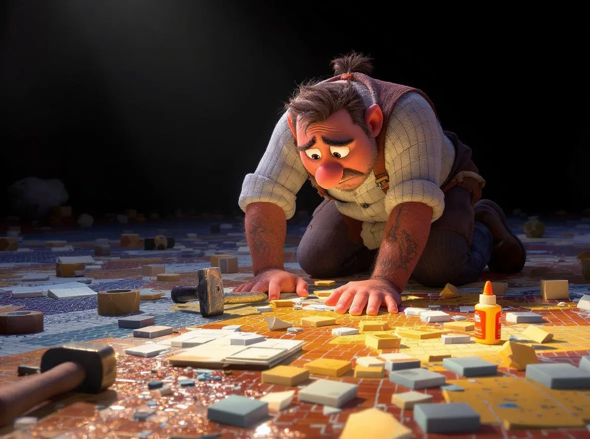 Artisan frustré répare mosaïque cassée avec mauvais outils
