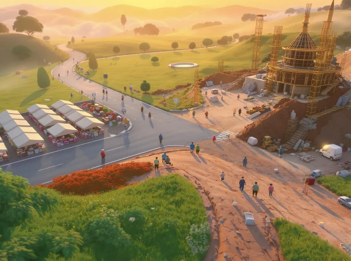 Carrefour du marché et atelier en construction