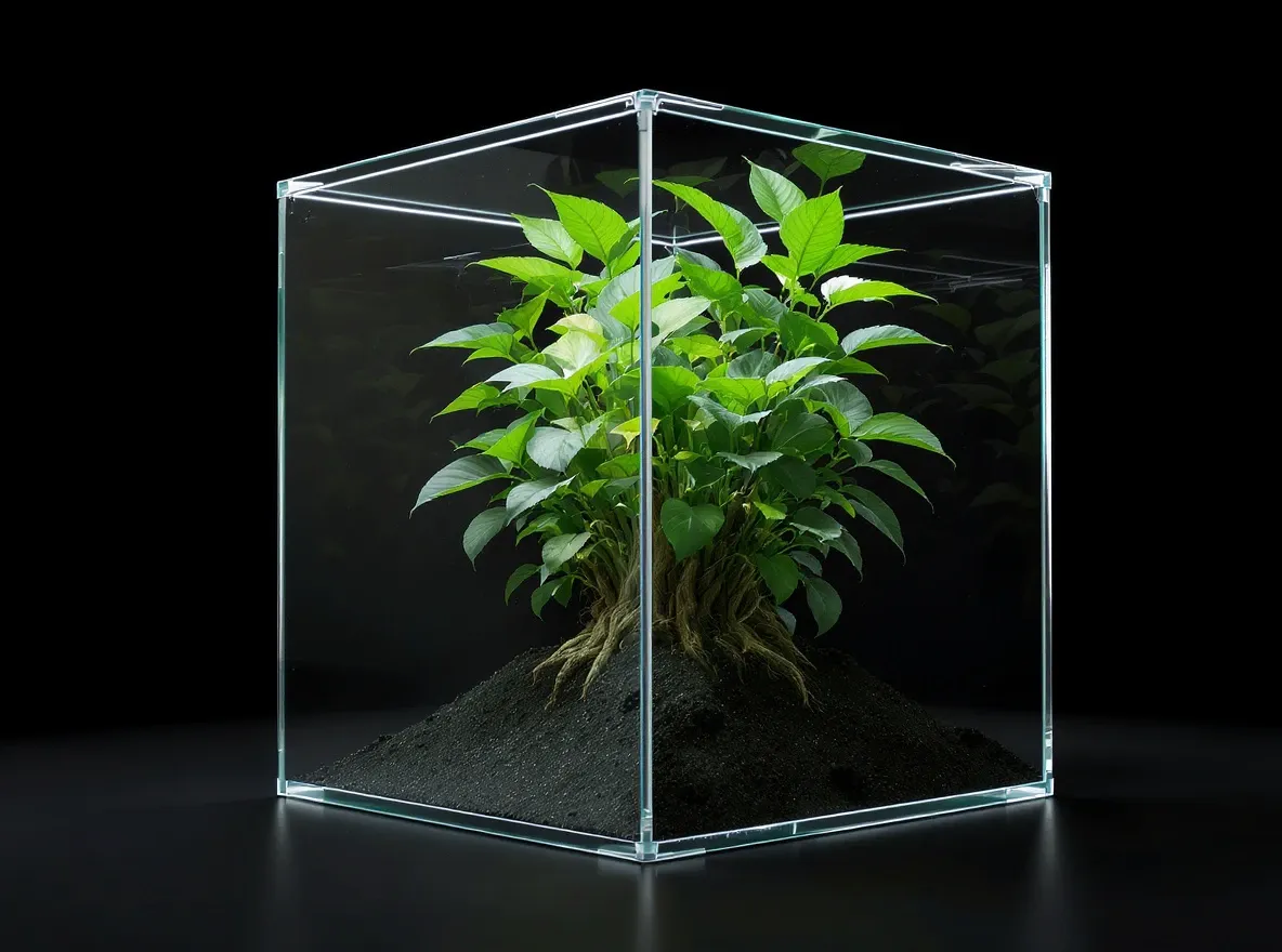 Plante 3D contrainte dans boîte verre