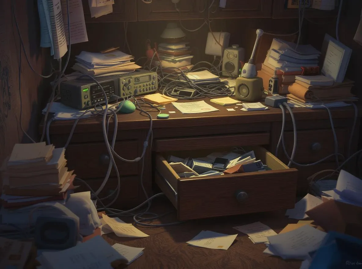 Bureau désordonné, tiroir débordant de câbles
