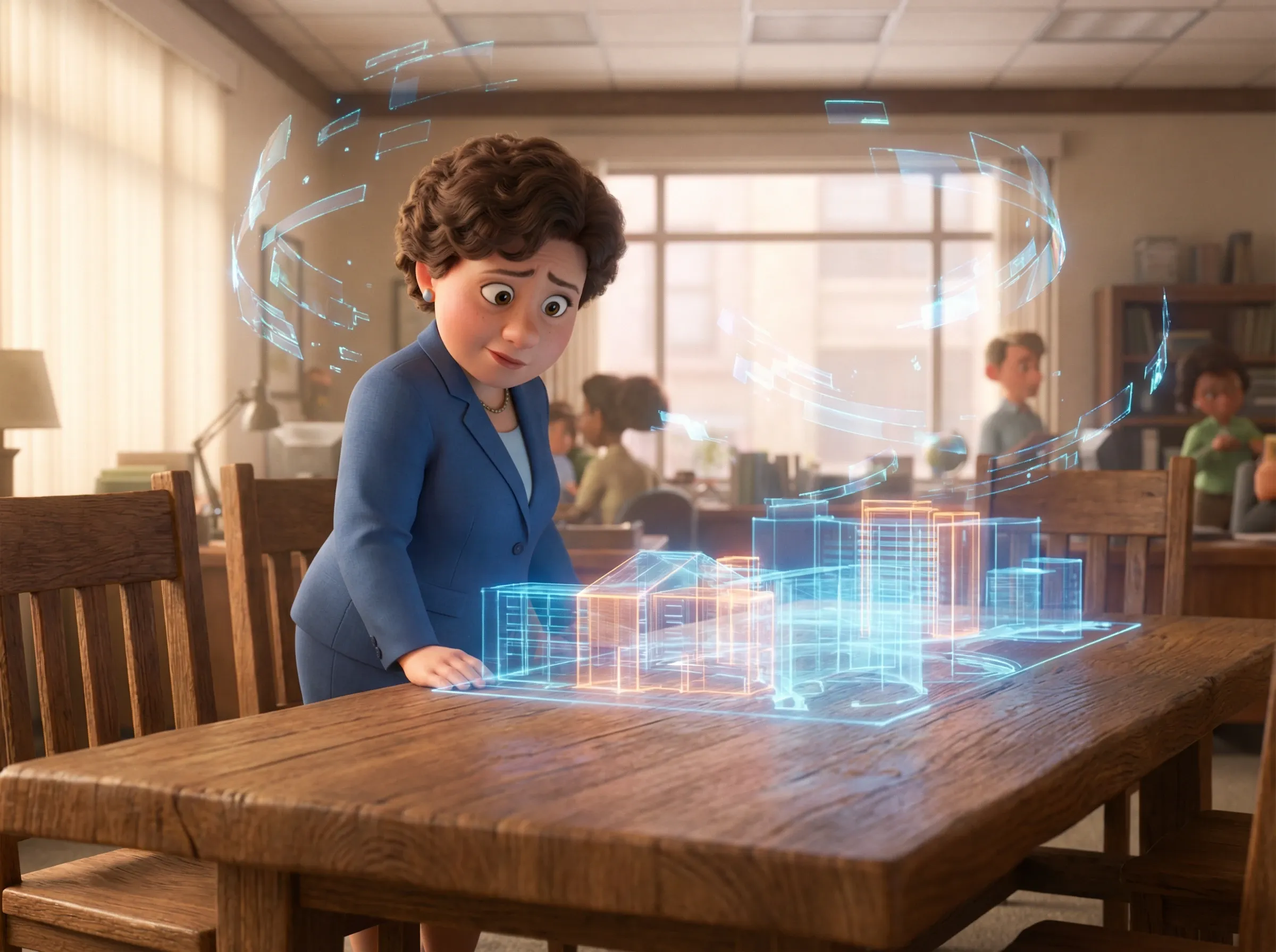 Femme d'affaires perplexe devant plan de construction chaotique