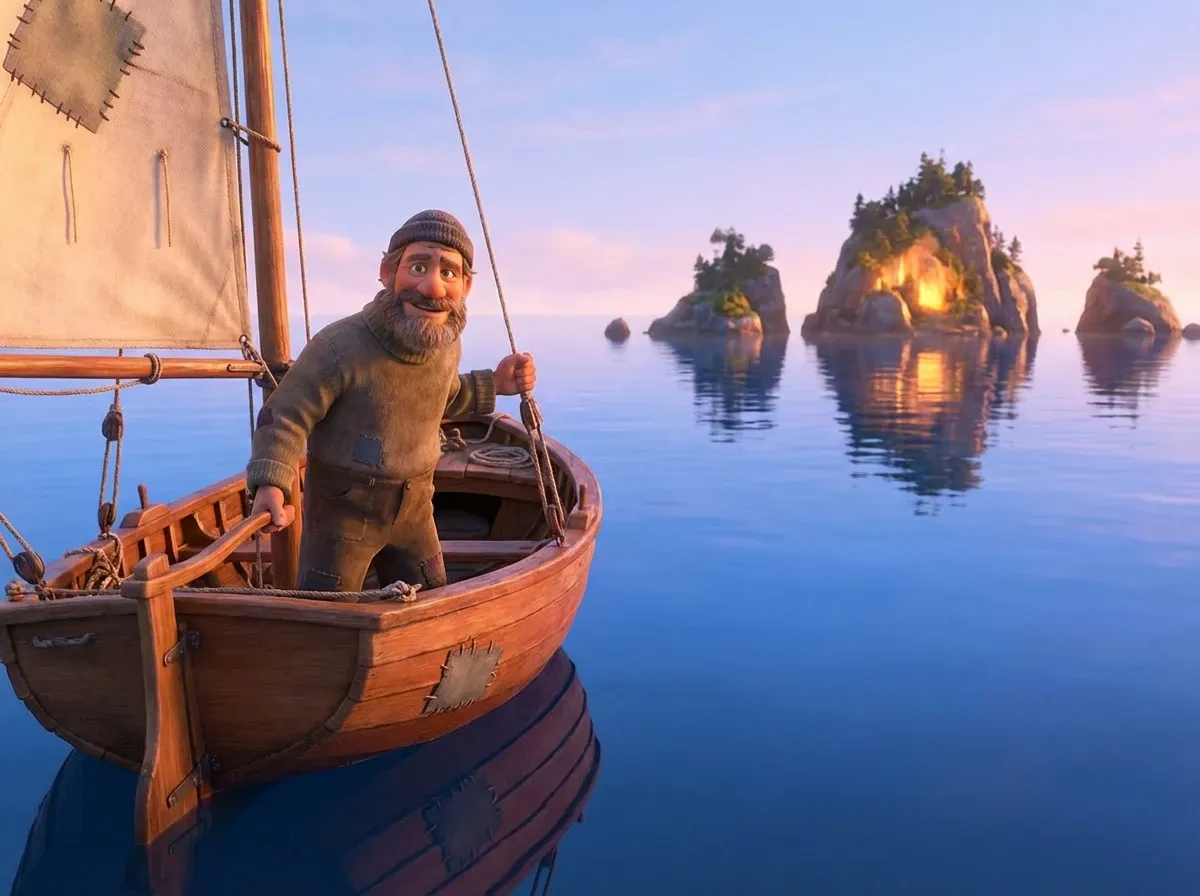 Solitaire sur voilier, mer calme, îlots lointains