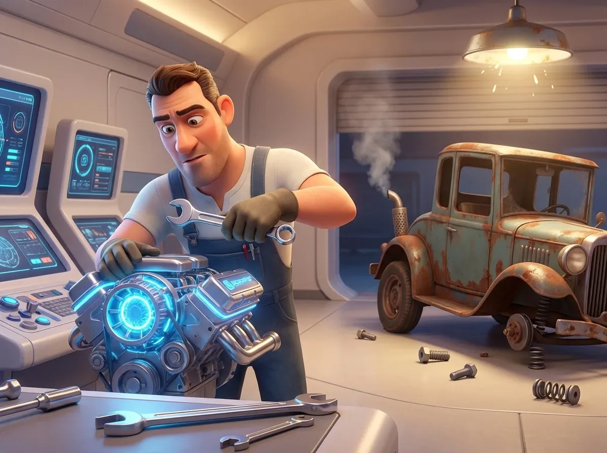 Mécanicien futuriste et moteur lumineux