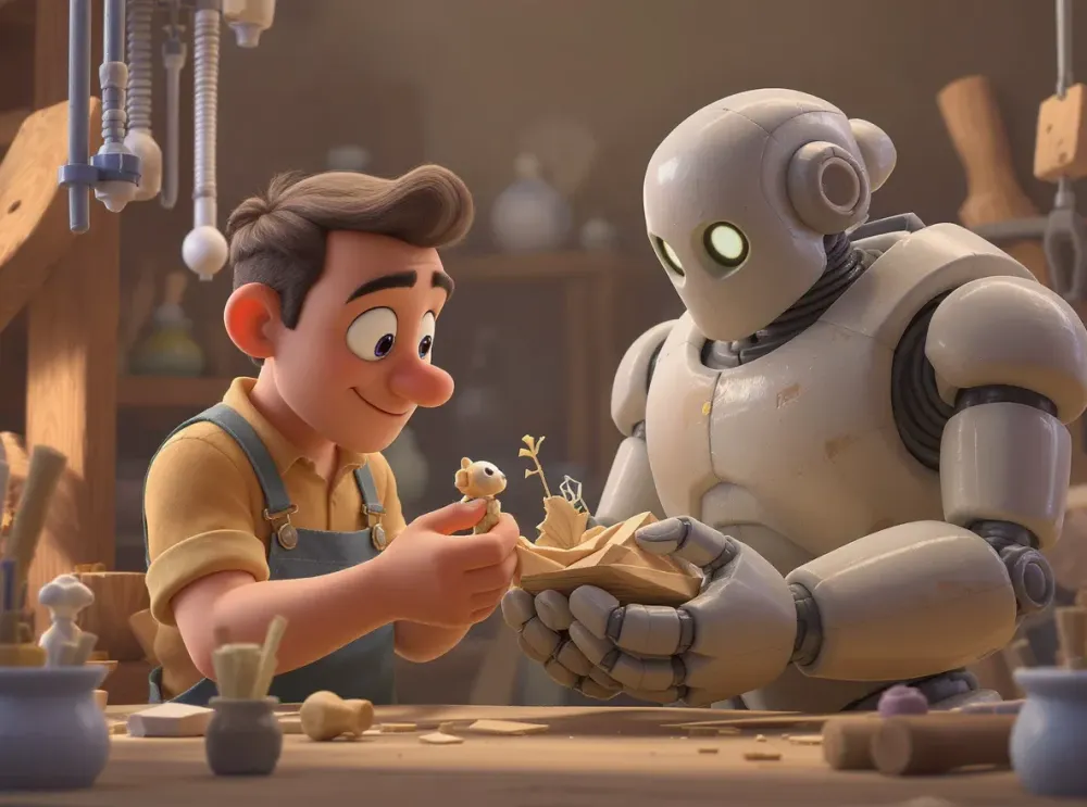 Un artisan expert examine une délicate sculpture en bois. À côté de lui, un grand robot industriel maladroit tente de reproduire la même sculpture mais la brise