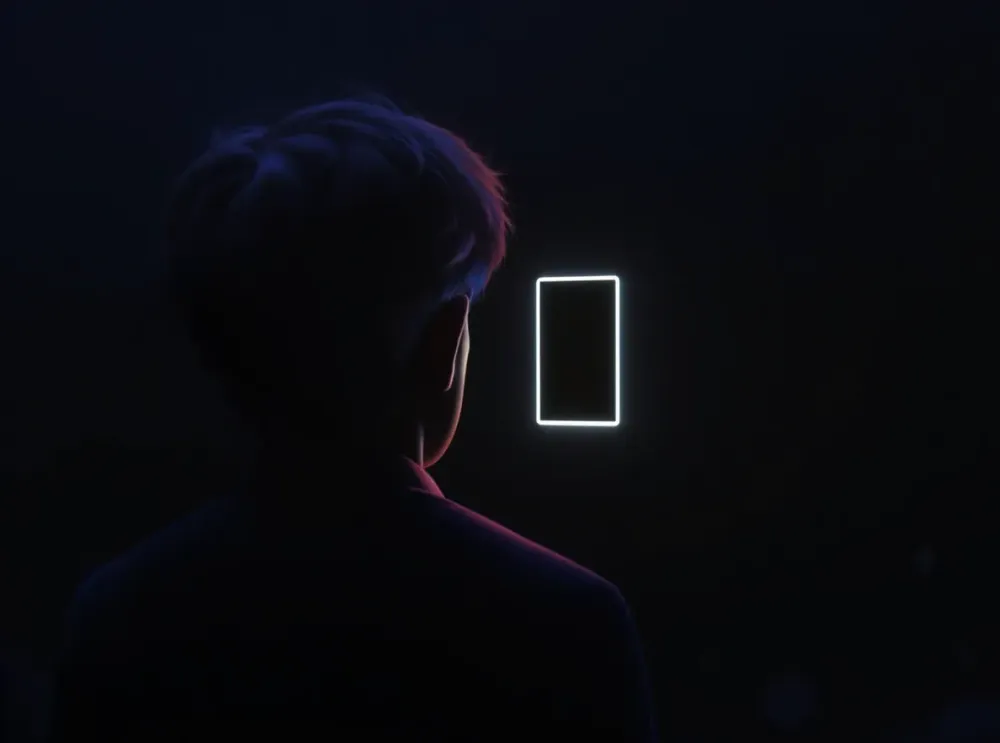 Figure dos devant un portail lumineux sombre.
