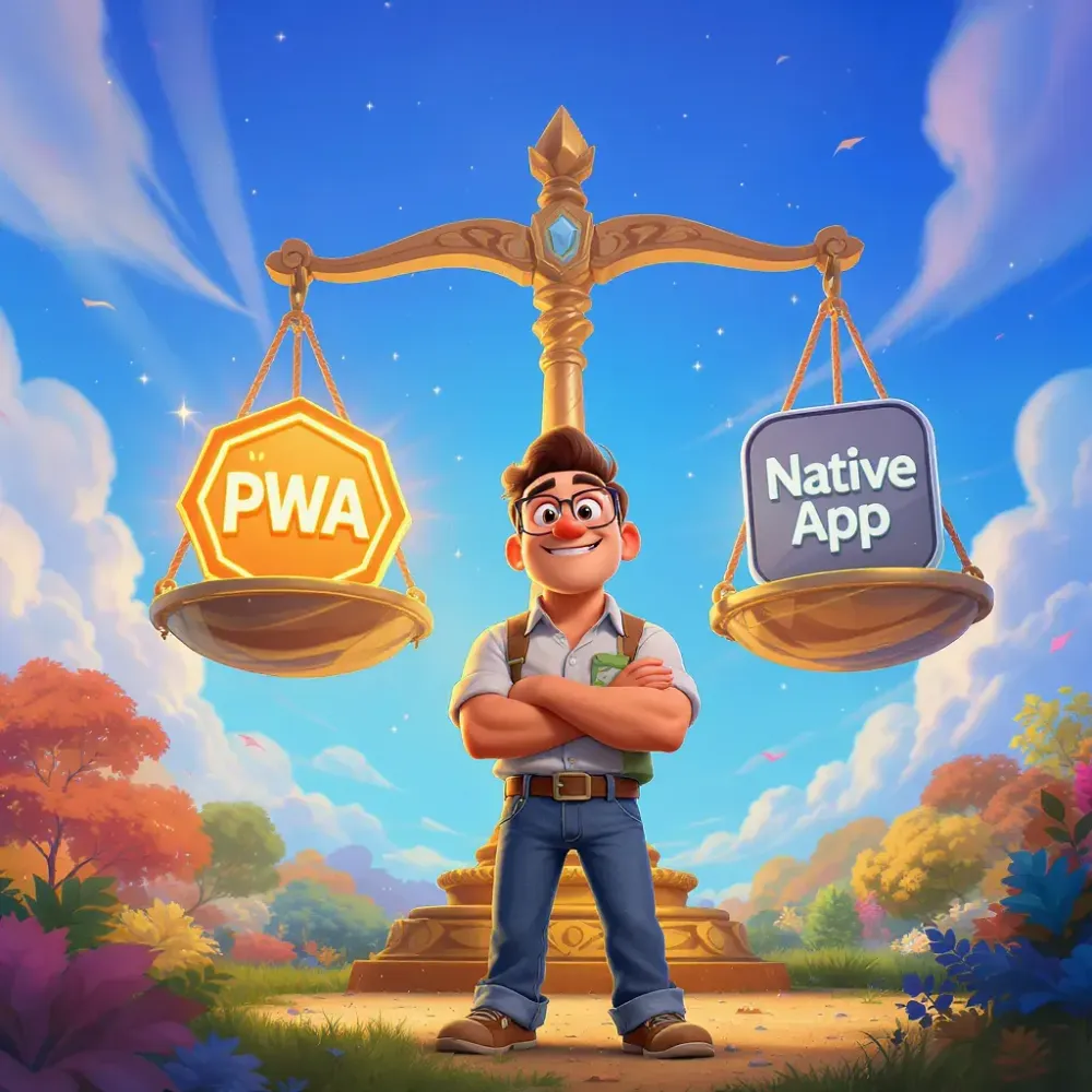entrepreneur devant une balance entre PWA et Application native