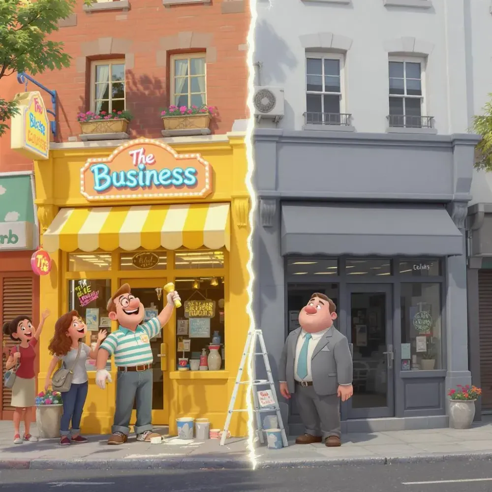 deux commerces, un gris et sans clients et l'autres coloré avec plein de clients