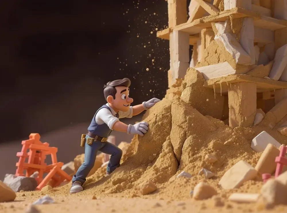 Un entrepreneur place la dernière pièce d'une structure impressionnante mais visiblement instable, construite sur un socle de sable qui s'effrite.