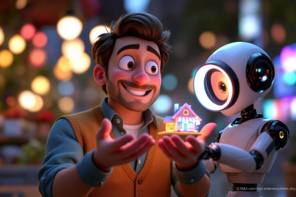 Entrepreneur et robot analysent hologramme boutique.