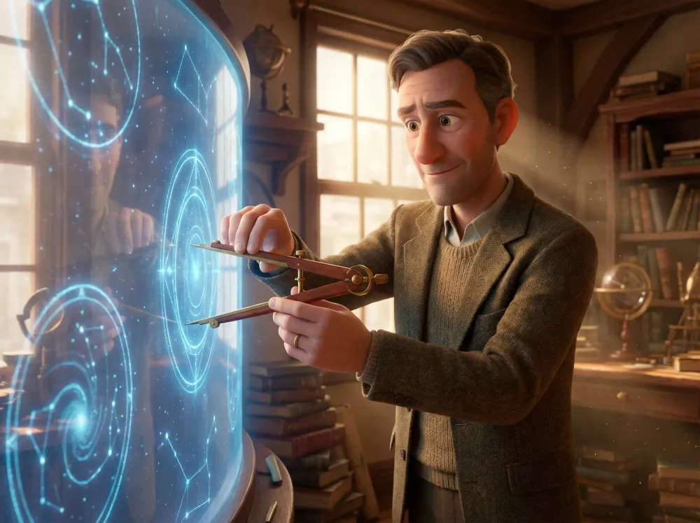 Homme avec un compas devant un mur d'étoiles