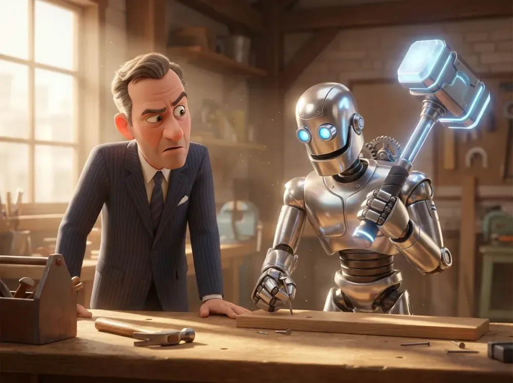 Homme sceptique devant robot maladroit et marteau futuriste.