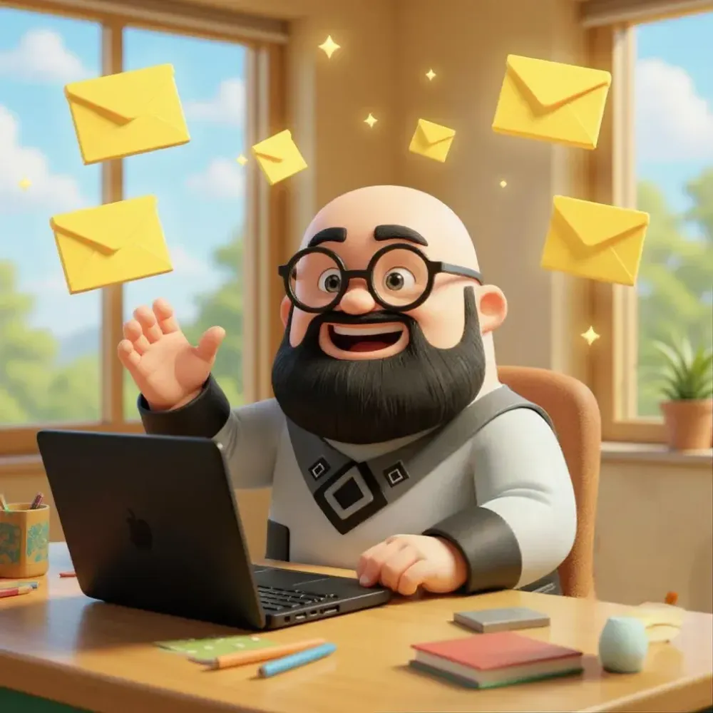 représentation dans un style 3D de Sébastien qui écrit une lettre avec un pc a côté de lui
