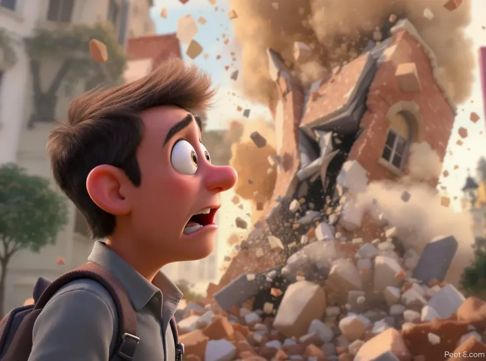 personnage devant bâtiment qui s'écroule
