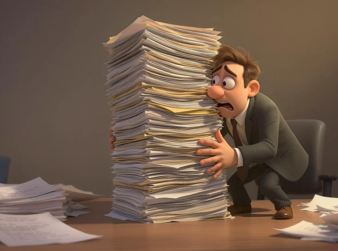 Entrepreneur débordé: pile de dossiers instable