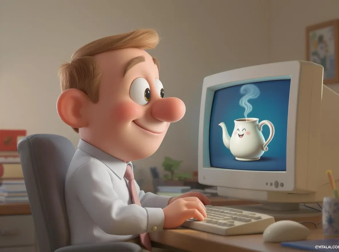personnage regardant avec un intérêt une cafetière