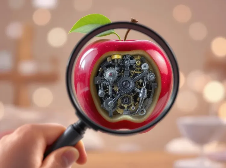Pomme machinée, loupe révèle rouages sombres
