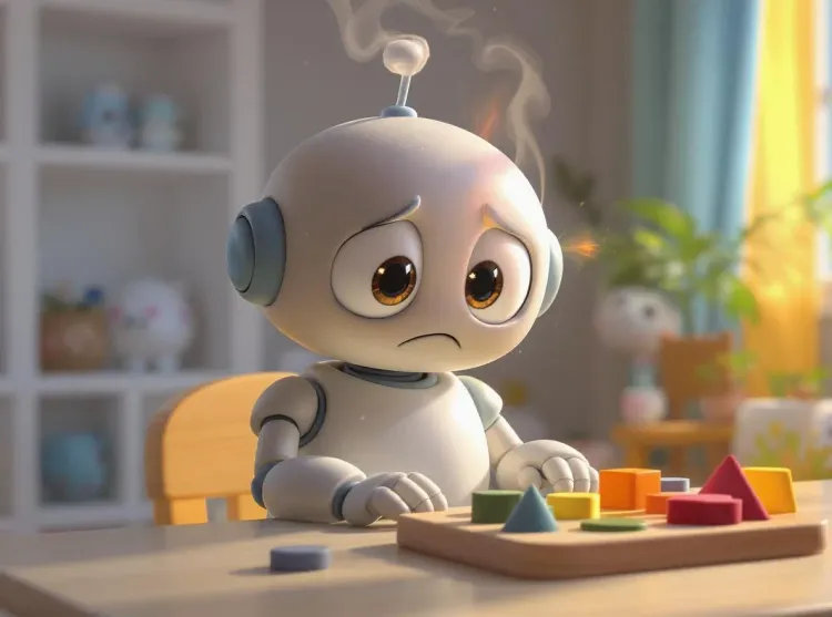 robot en surchauffe devant jeu de logique pour enfant
