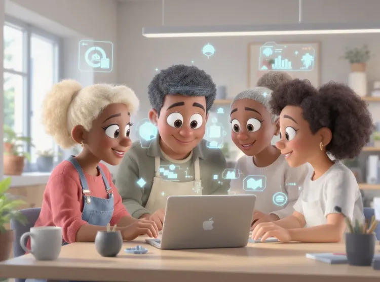 Plan large d'une petite équipe de personnages stylisés et diversifiés travaillant ensemble dans un atelier moderne et lumineux.
