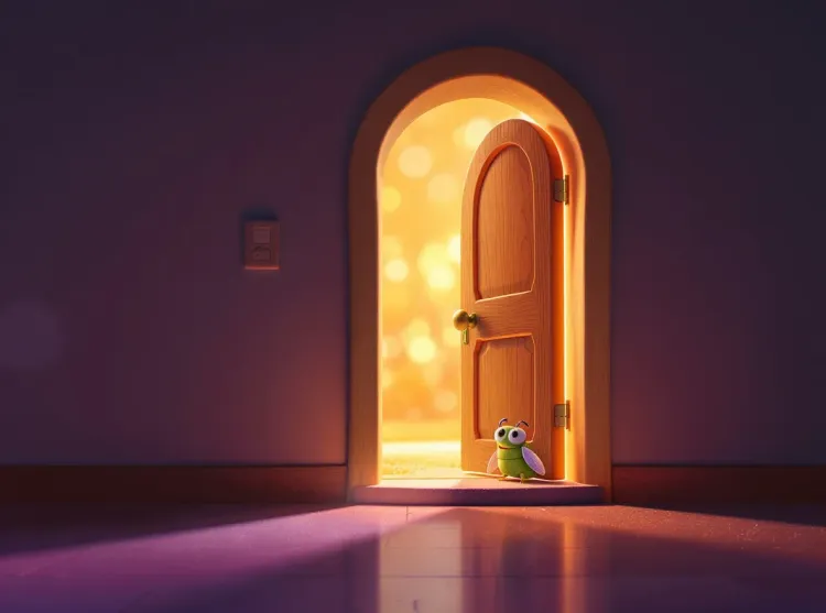 Une porte en bois est grande ouverte, laissant passer une lumière vive et chaleureuse. Sur le seuil de la porte, une petite cigale