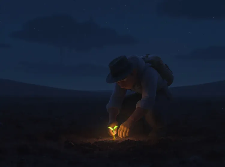 personnage qui plante une graine lumineuse