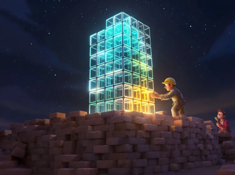 hommes construisants une structure lumineuse