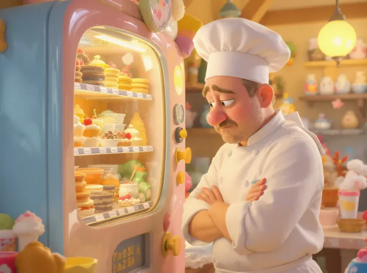 chef cuisinier devant un distributeur de nourriture